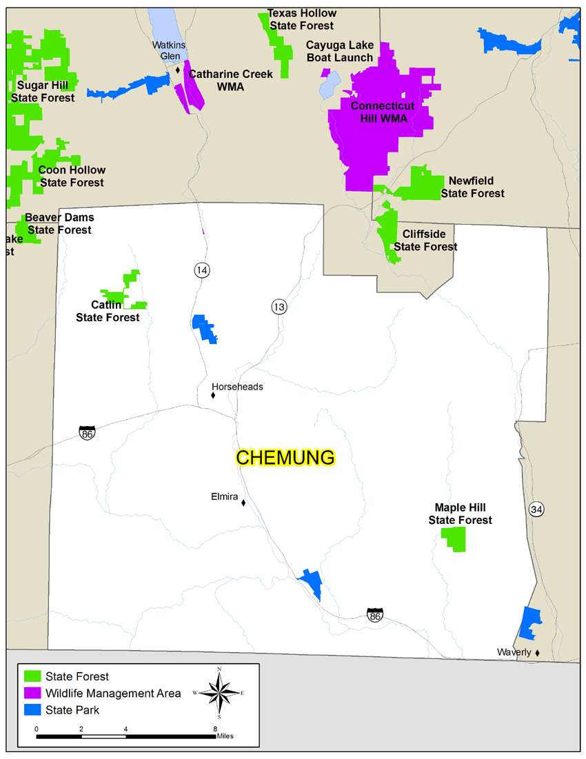 Map of Chemung County showing State owned lands open to public recreation
