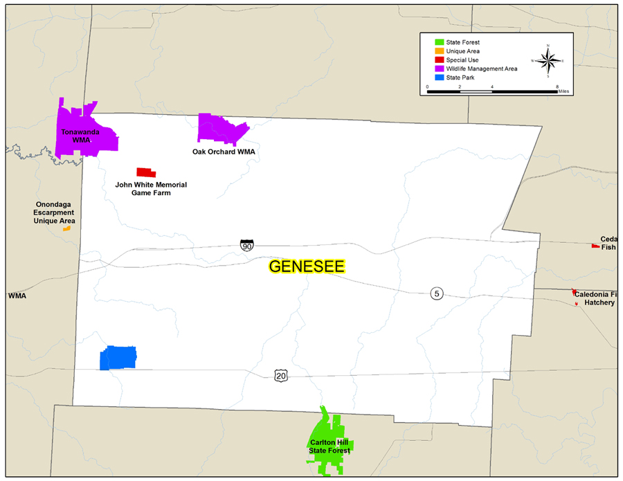 Map of Genesee County showing State owned lands open to public recreation